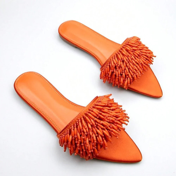 Orange Funky Women's Bead Embroidery Decorated Fabric Flat Comfortable Sandals - Picture 2 of 4